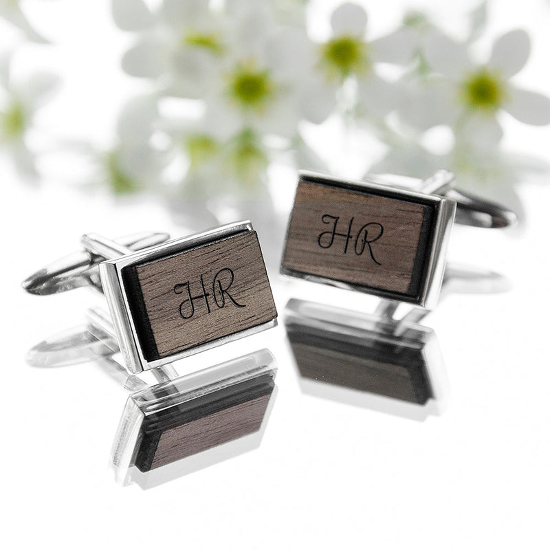 Monogrammed Rectangle Walnut Cufflinks
