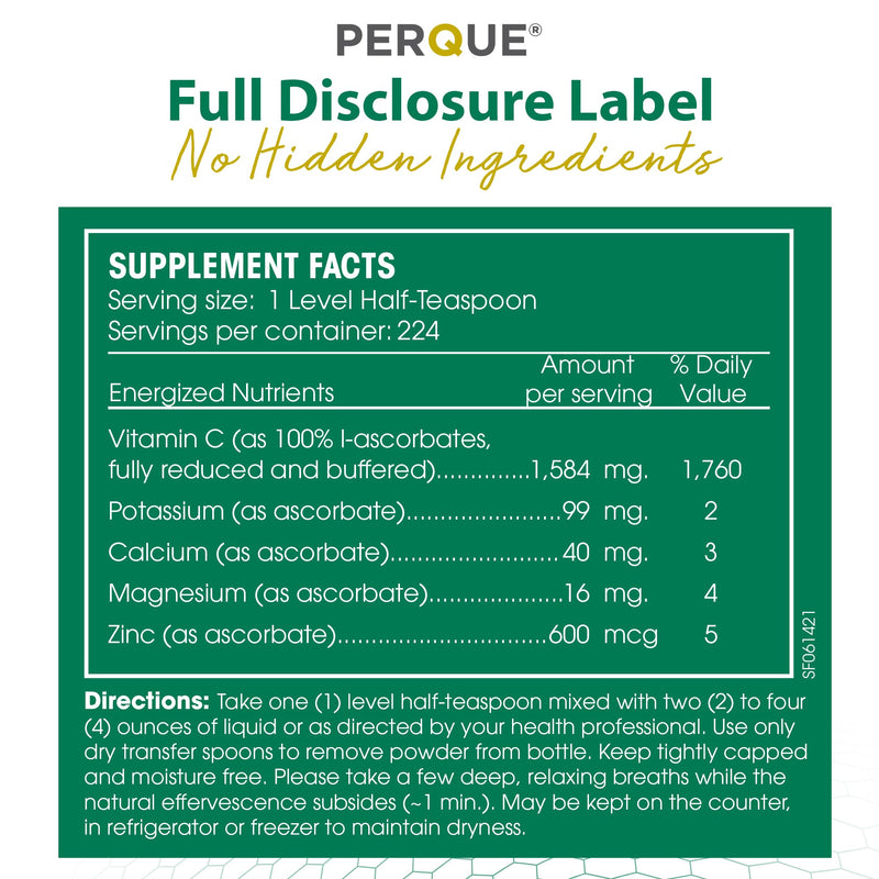 PERQUE Buffered Vitamin C Ascorbate Powder - pH Balanced, Vegetarian, Allergen-Free - 16 oz