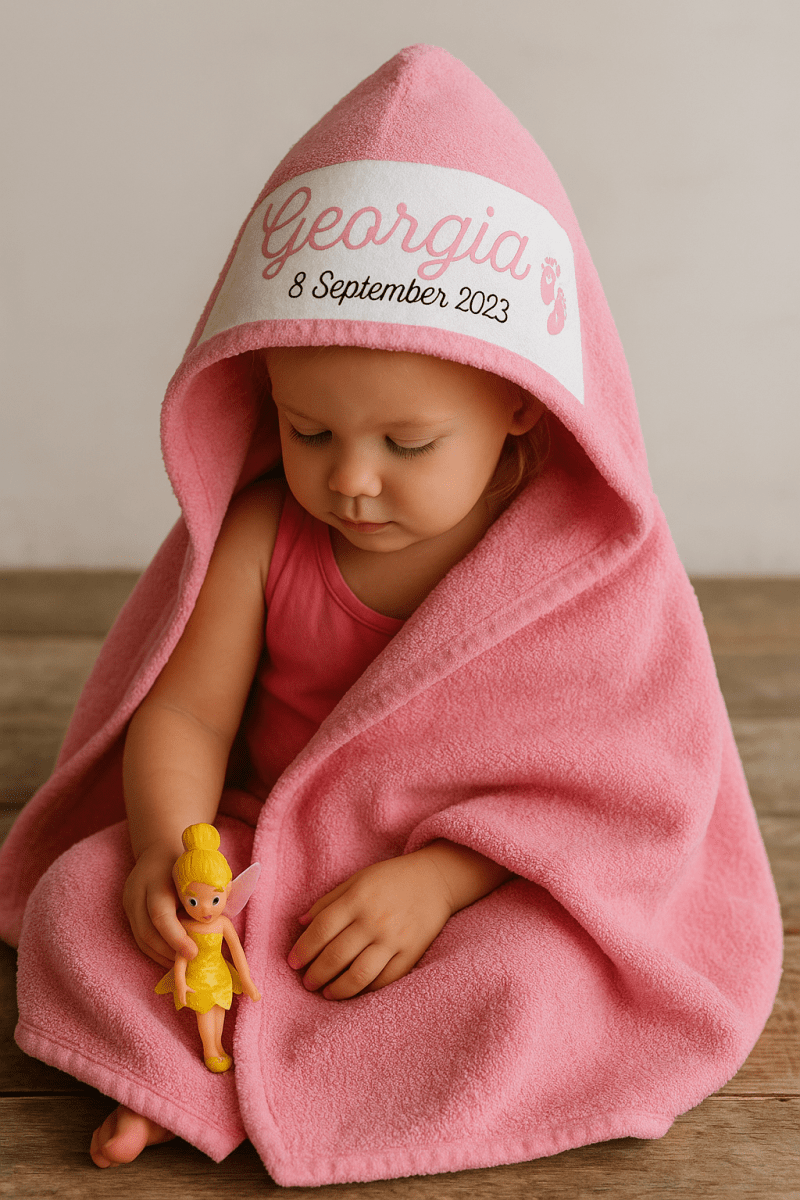 Personalised Baby Towel – Soft Cotton Hooded Infant Wrap 75x75cm | Custom Name & Date Gift