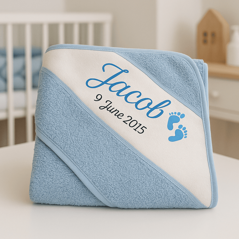 Personalised Baby Towel – Soft Cotton Hooded Infant Wrap 75x75cm | Custom Name & Date Gift