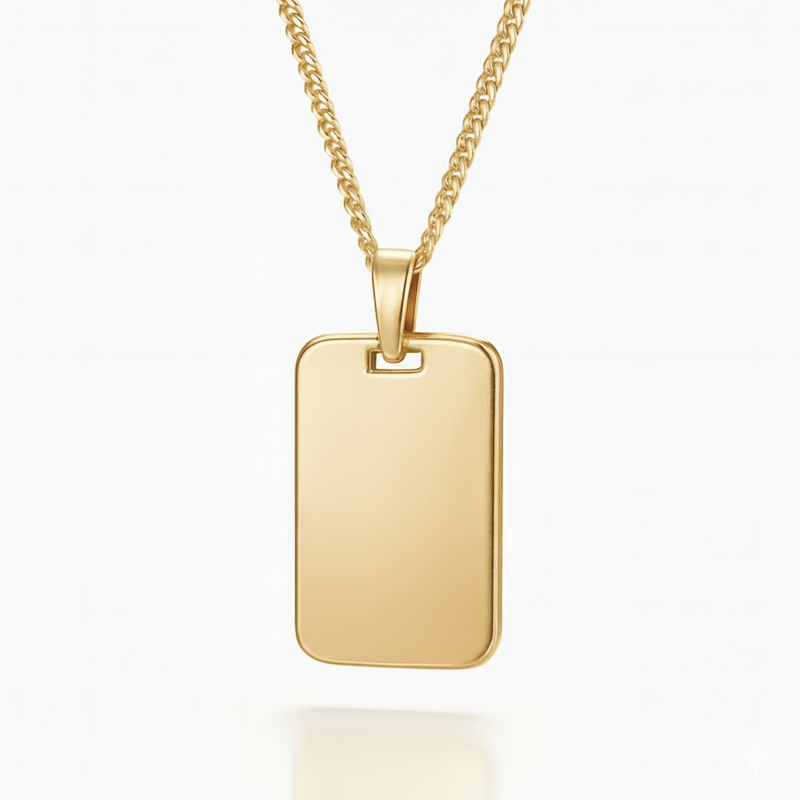 Personalised Mens' Tag Necklace â€“ 18kt Plated Custom Photo & Text Engraved Dog Tag Pendant for Men