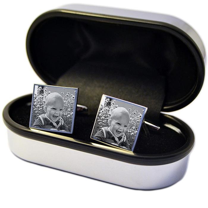 Engraved Cufflinks – Custom Photo Wedding Gift with Chrome Case for Men