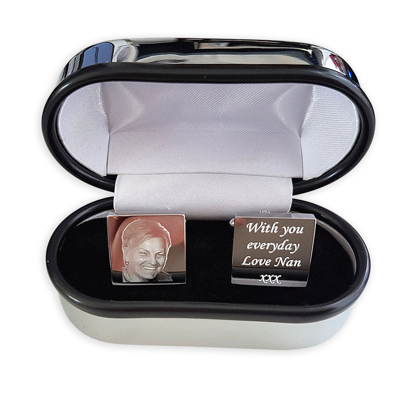 Engraved Cufflinks – Custom Photo Wedding Gift with Chrome Case for Men