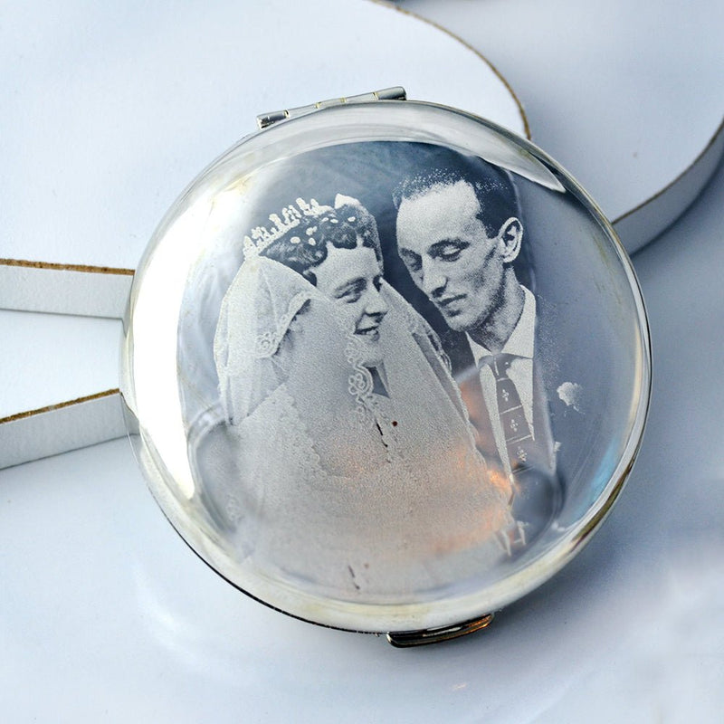 Photo Engraved Mirror – Double Sided Compact Handbag Mirror with Velvet Pouch Gift