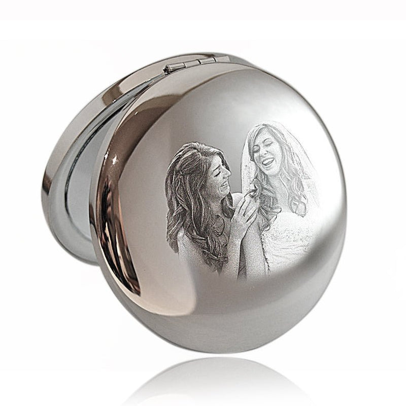 Photo Engraved Mirror – Double Sided Compact Handbag Mirror with Velvet Pouch Gift