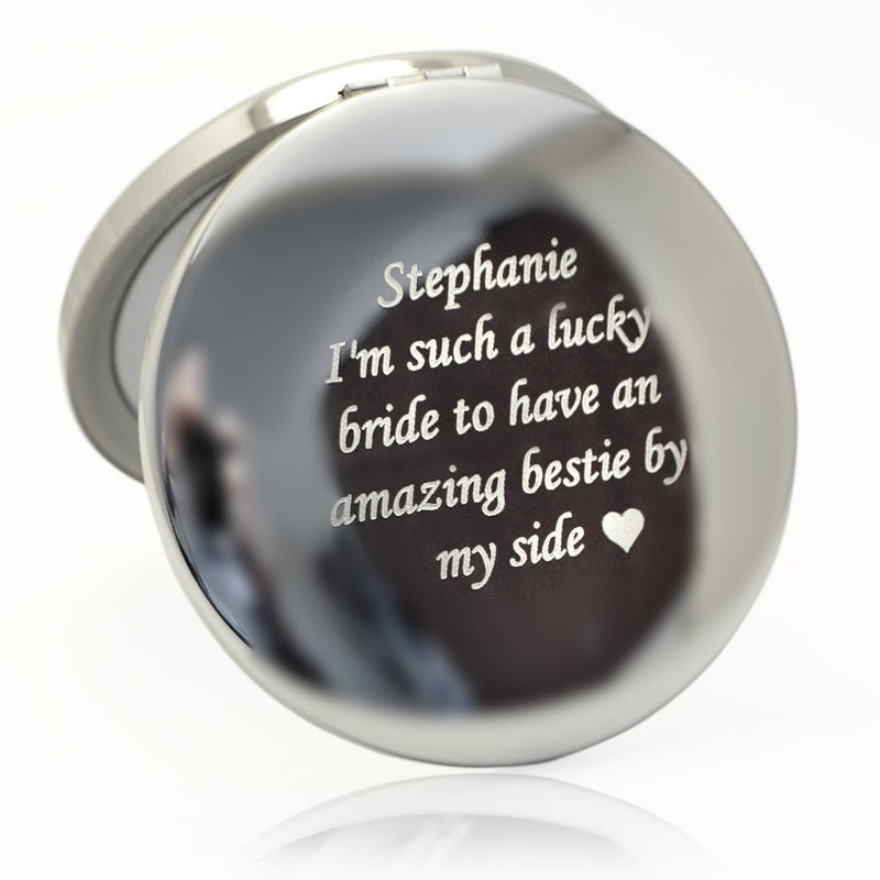 Photo Engraved Mirror – Double Sided Compact Handbag Mirror with Velvet Pouch Gift