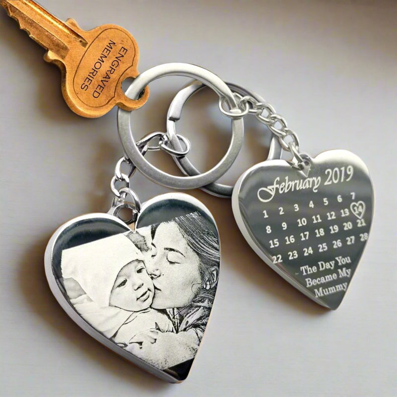 Personalised Special Date Key Ring - Engraved Stainless Steel Heart Shaped Keychain