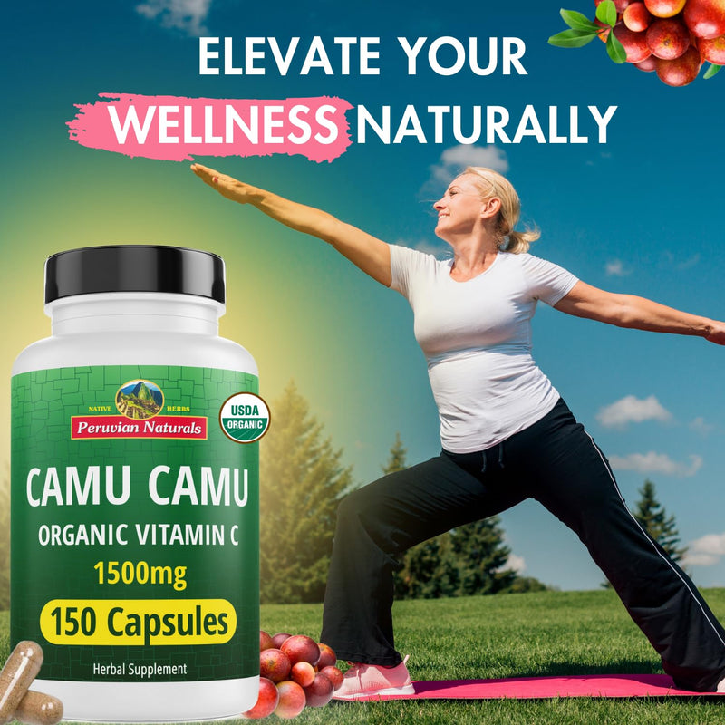 Peruvian Naturals Organic Vitamin C from Camu Camu Capsules 1,500mg - 300 Vegan Pills, Natural Vitamin C from Whole Food Camu Berry Organic, Non-GMO