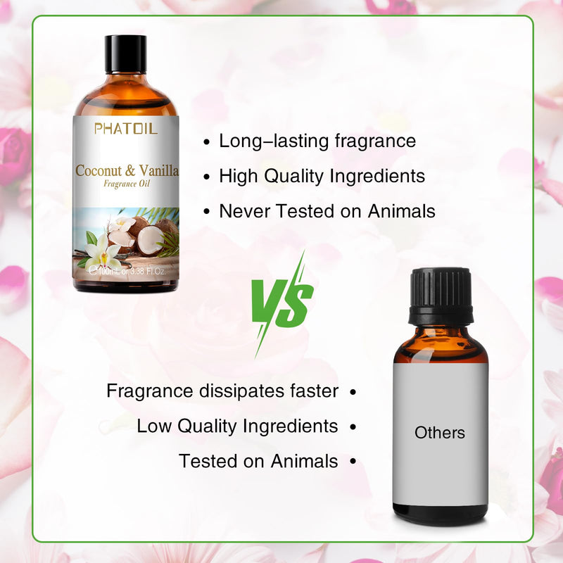 PHATOIL Coconut & Vanilla Fragrance Oil – 100ml for Aromatherapy, Diffusers, Candles & Soap