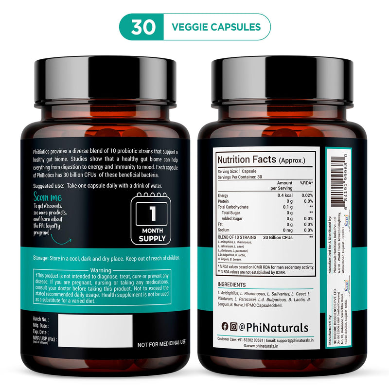 PhiNaturals High Potency Probiotics 30B CFU | 10 Strains, 30 Vegan Capsules | For Women & Men Gut Health