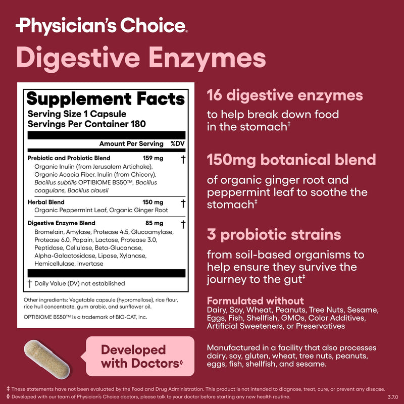 Physician's CHOICE Digestive Enzymes – 16 Enzymes with Organic Prebiotics & Probiotics (180 CT)