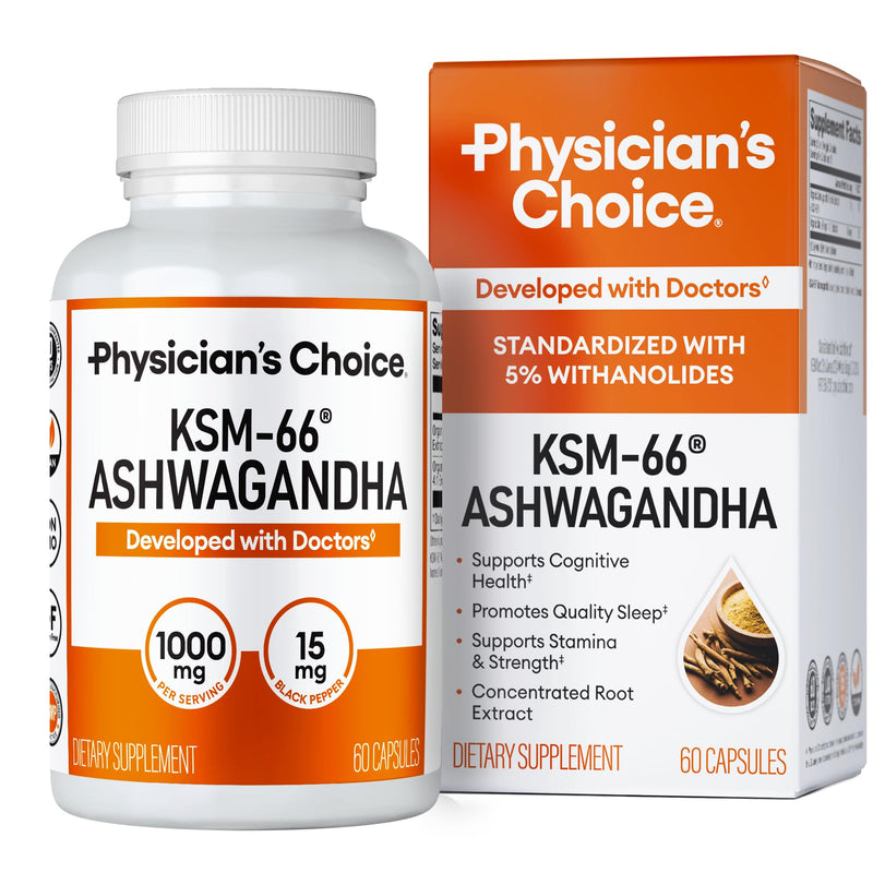 Physicians Choice KSM-66 Ashwagandha 1000mg – Organic, Black Pepper, 60 Vegan Capsules | Stress & Mood Support