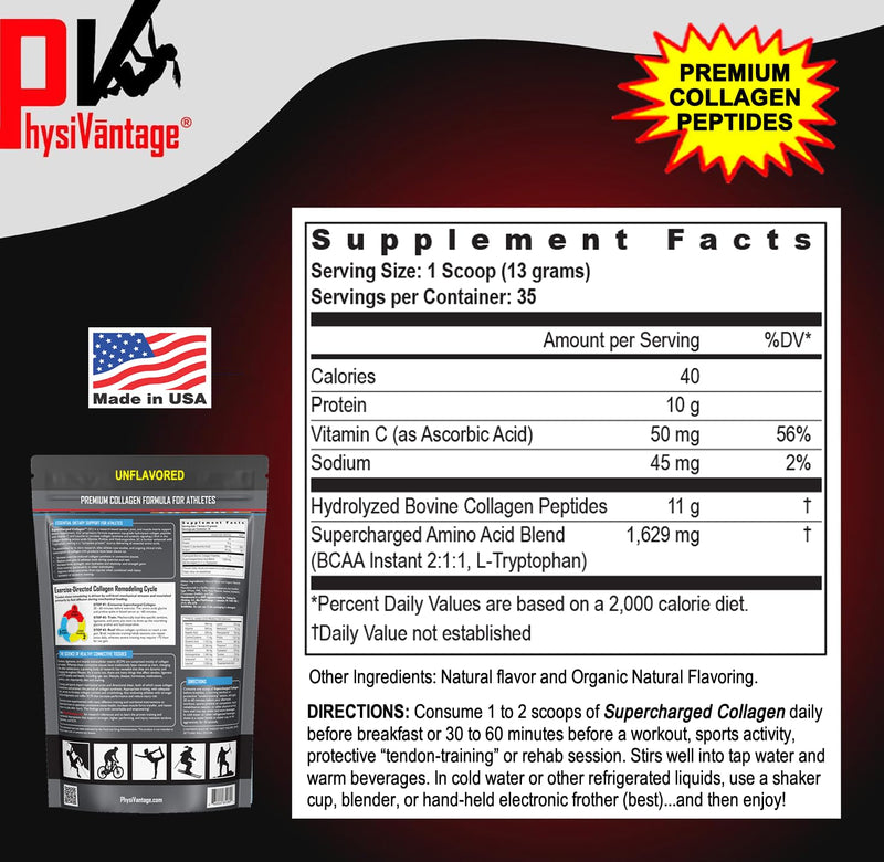 PhysiVantage Supercharged Collagen Peptides Powder – Hydrolyzed, Grass-Fed, Vitamin C & BCAAs (16 oz)