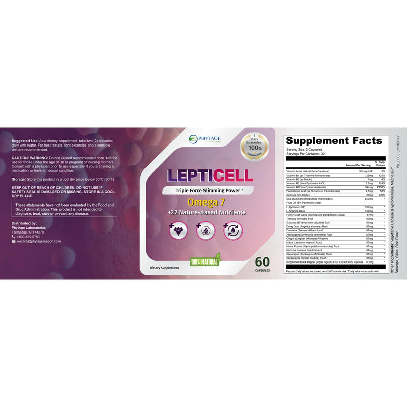 LeptiCell Advanced Wellness Supplement – Damiana, Dong Quai, Omega-7s | Phytage Labs | 60 Capsules