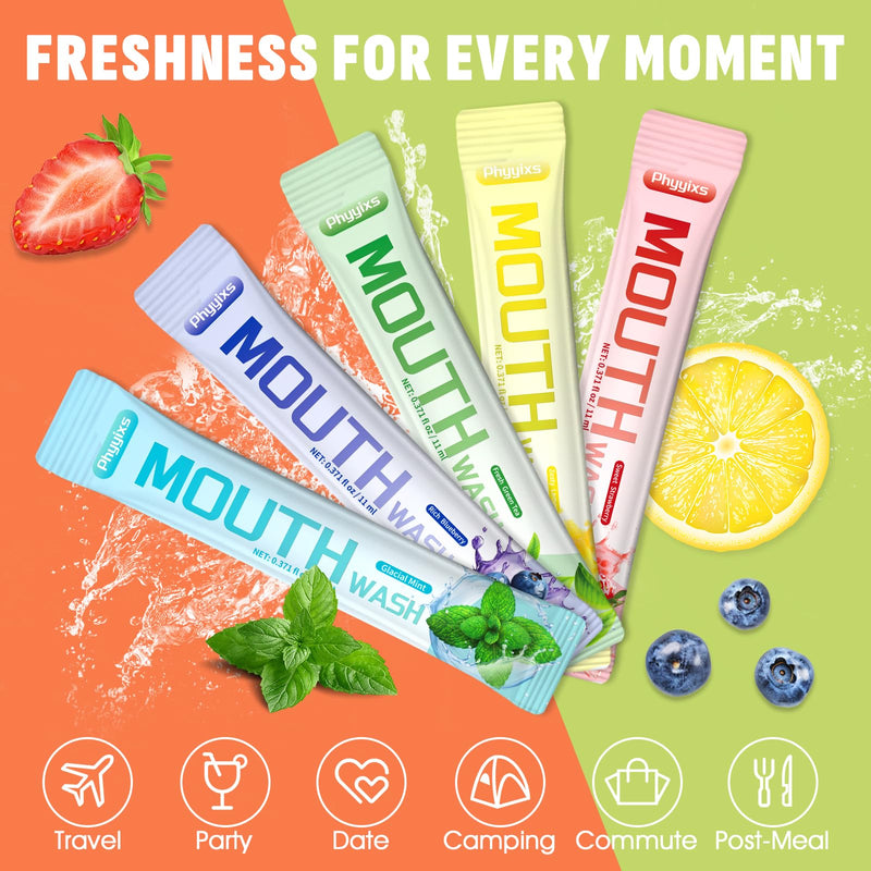 Phyyixs Mouthwash Travel Pack - 120 Pack, 5 Flavors, Alcohol-Free & Fluoride-Free