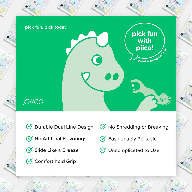 Piico No Flavor Kids Floss Picks - No Fluoride Dual-Line - 150 Dino Homebox