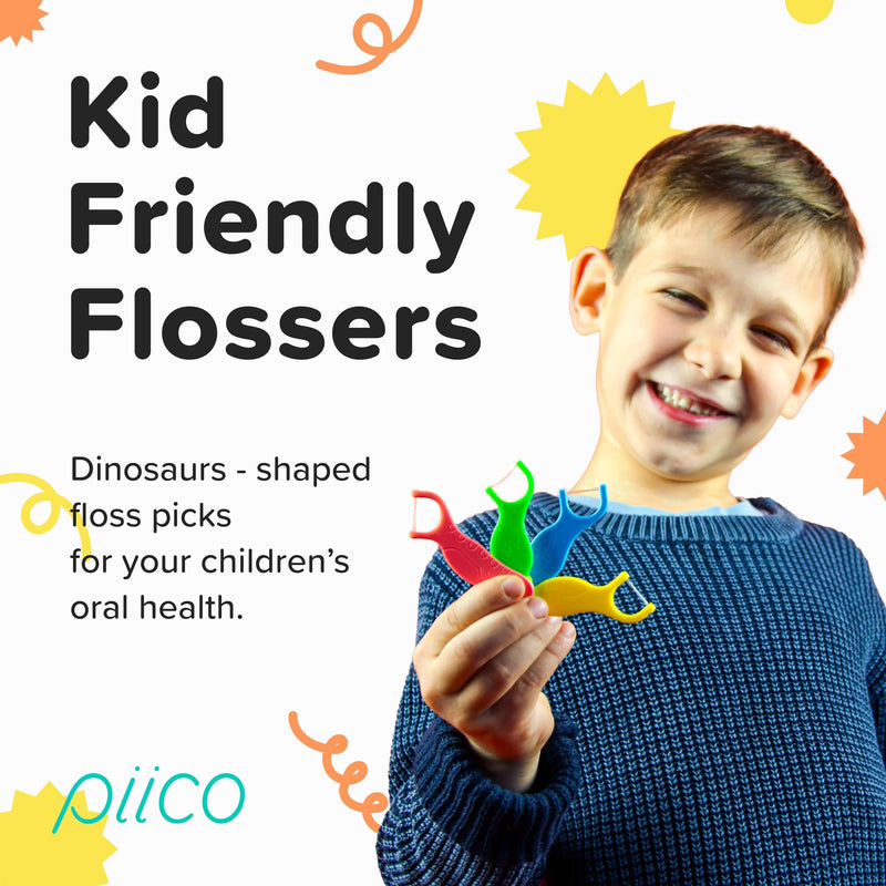 Piico No Flavor Kids Floss Picks - No Fluoride Dual-Line - 150 Dino Homebox