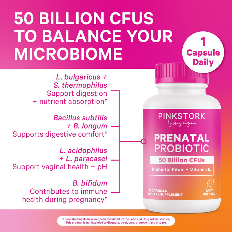 Pink Stork Prenatal Probiotic for Women - 50B CFUs, B6, Mint - 30 Caps