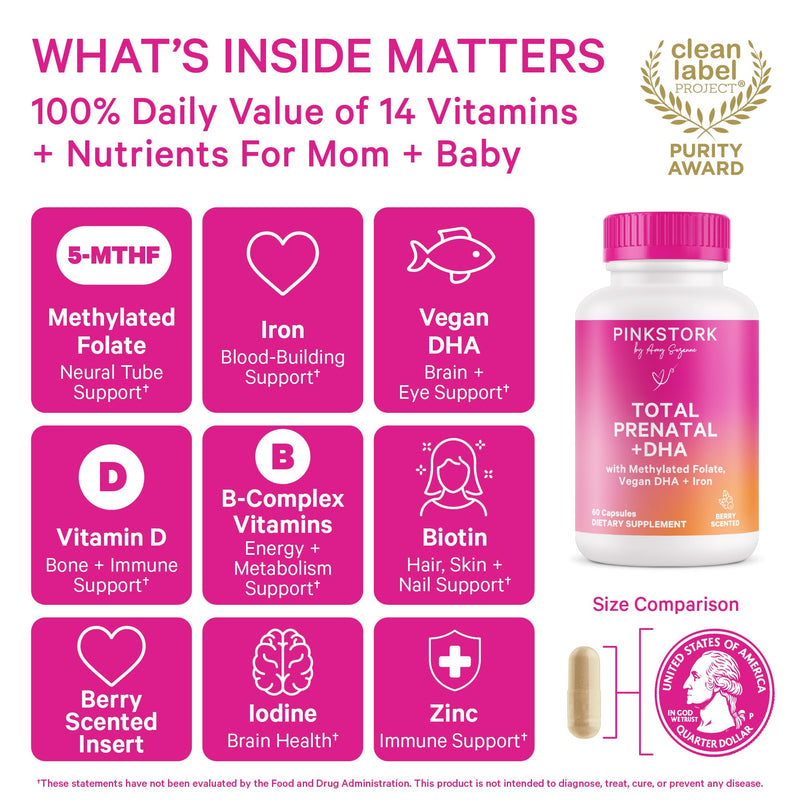 Pink Stork Total Prenatal Vitamins with DHA – Berry Essence, 60 Capsules