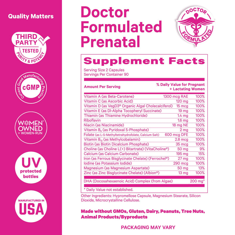 Pink Stork Total Prenatal Vitamins for Women – DHA, Folate & Iron (60 Count) | Doctor-Formulated