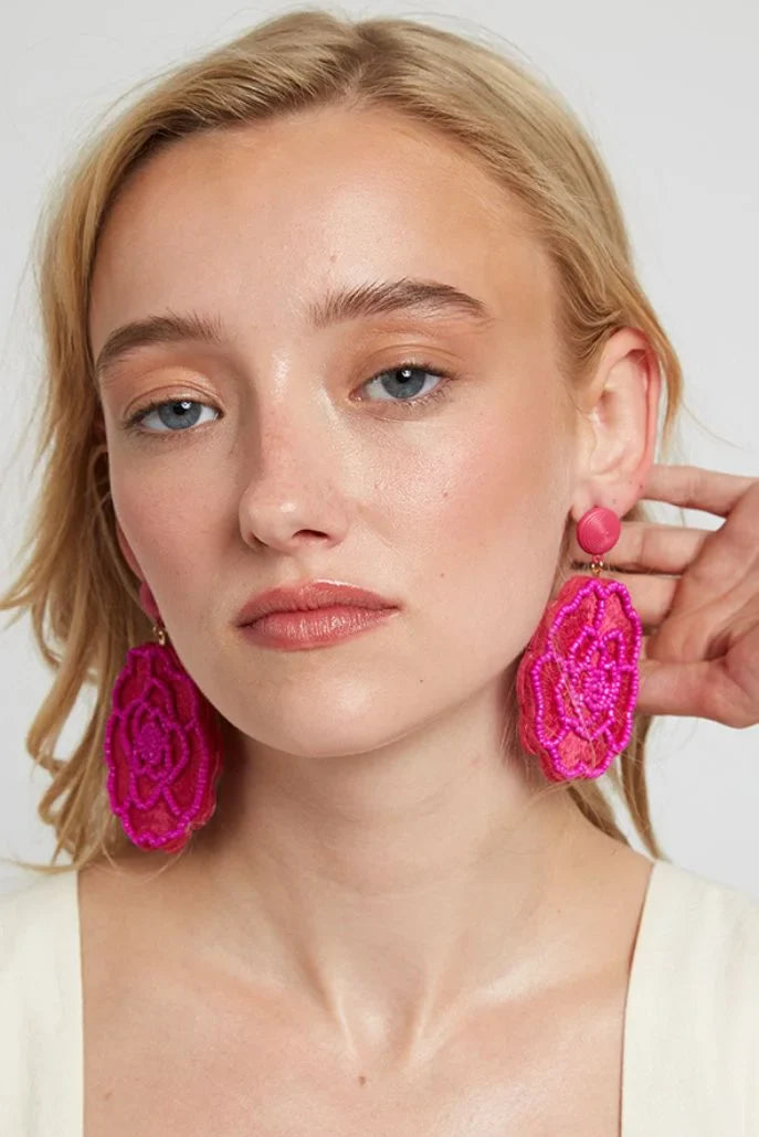 Aquila Flower Beaded Earrings in Pink