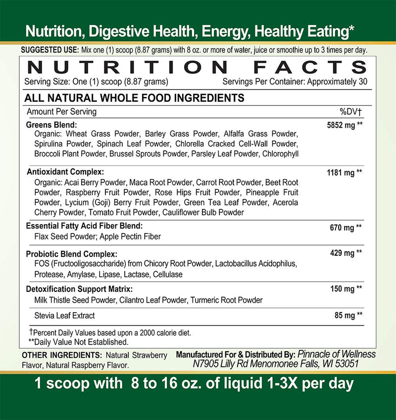 Pinnacle of Wellness Organic Green Superfood Powder – Berry, 30 Servings (9.5 oz)