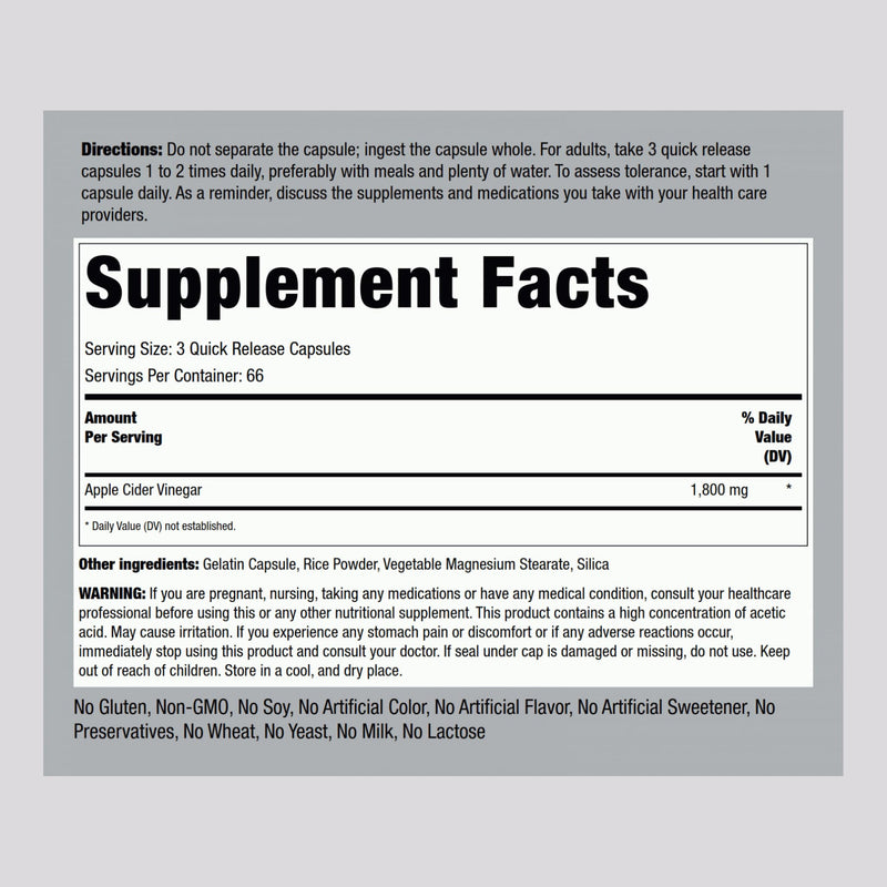 Piping Rock Apple Cider Vinegar Capsules 1800 mg | 200 Pills | Pack of 2 | Non-GMO, Gluten Free