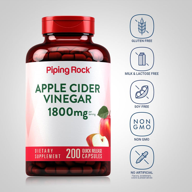 Piping Rock Apple Cider Vinegar Capsules 1800 mg | 200 Pills | Pack of 2 | Non-GMO, Gluten Free