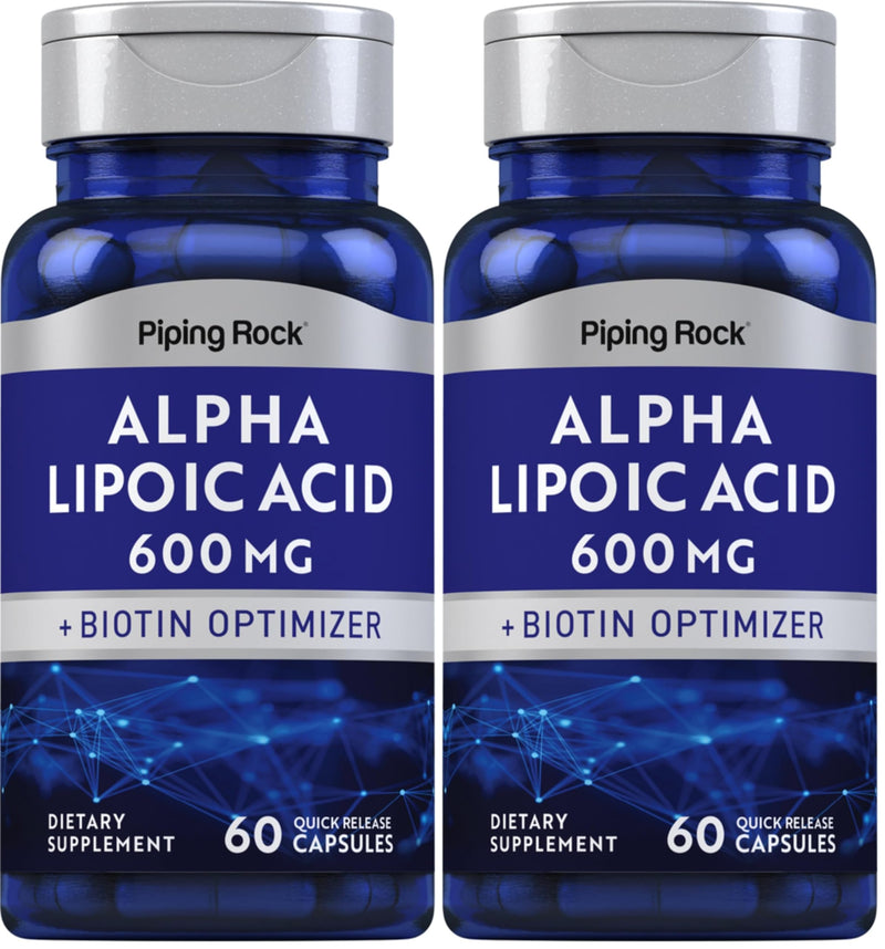 Piping Rock Alpha Lipoic Acid 600mg with Biotin Optimizer | 60 Capsules | Non-GMO Gluten Free | Pack of 2