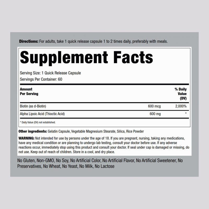Piping Rock Alpha Lipoic Acid 600mg with Biotin Optimizer | 60 Capsules | Non-GMO Gluten Free | Pack of 2