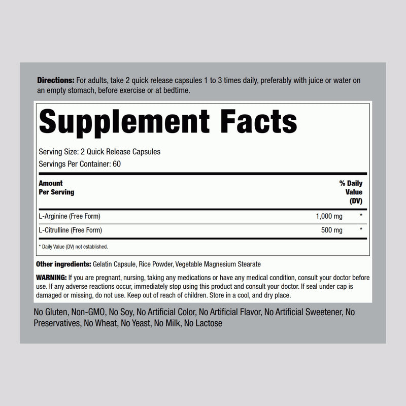 Piping Rock L-Arginine L-Citrulline 1500 mg - 120 Capsules Pack of 2