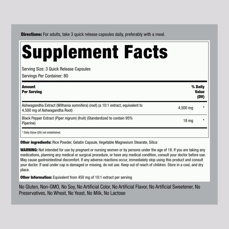 Piping Rock Ashwagandha 4500mg | 240 Capsules | Black Pepper | Non-GMO & Gluten Free