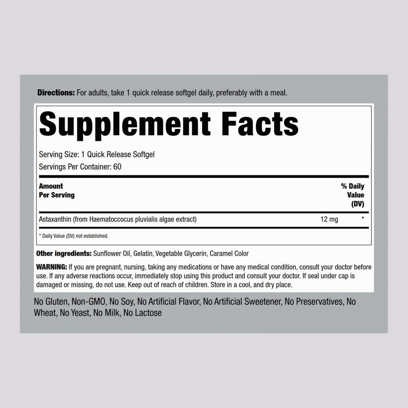 Piping Rock Astaxanthin 12mg | 60 Softgel Capsules | Extract Supplement | Gluten Free, Non-GMO