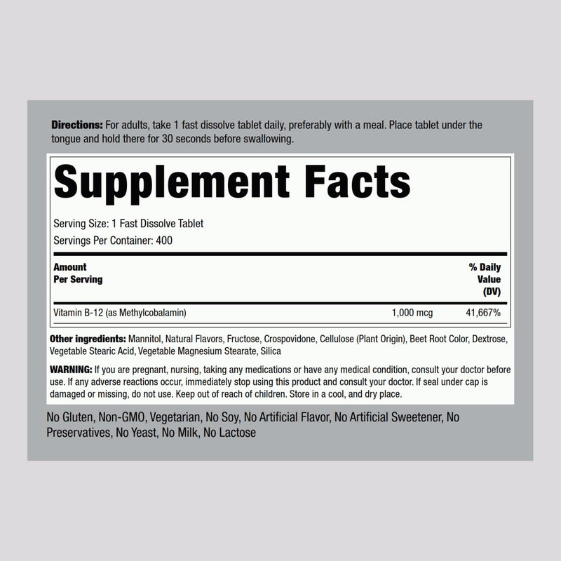 Piping Rock Vitamin B12 Sublingual 1000 mcg | Berry Flavor, 400 Tablets