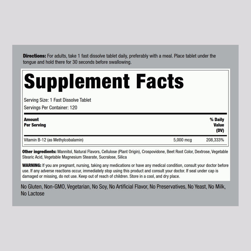 Piping Rock B12 Vitamin 5000 mcg – 120 Sublingual Tablets (Berry Flavor) | Vegetarian, Non-GMO