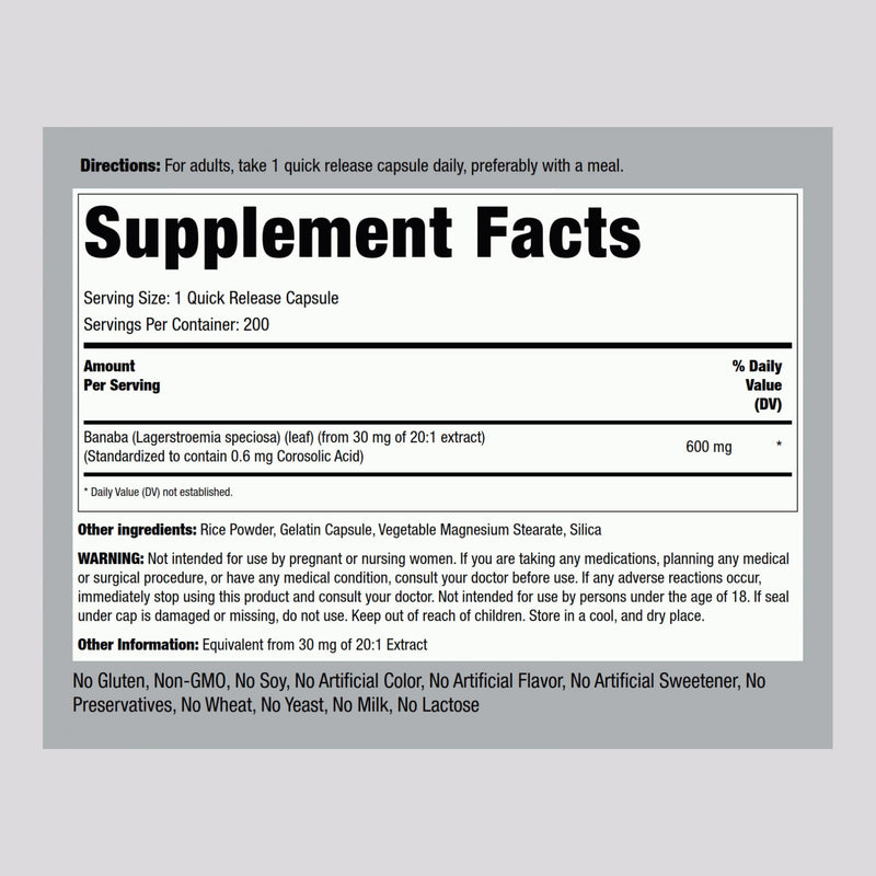 Piping Rock Banaba Leaf Extract Capsules – 600 mg, 200 Count | Corosolic Acid Standardized | Non-GMO & Gluten Free (Pack of 2)