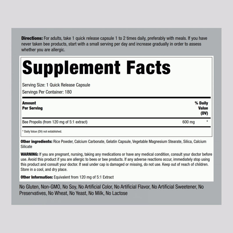 Piping Rock Bee Propolis Capsules 600mg | 180 Pills | Pack of 2 | Non-GMO