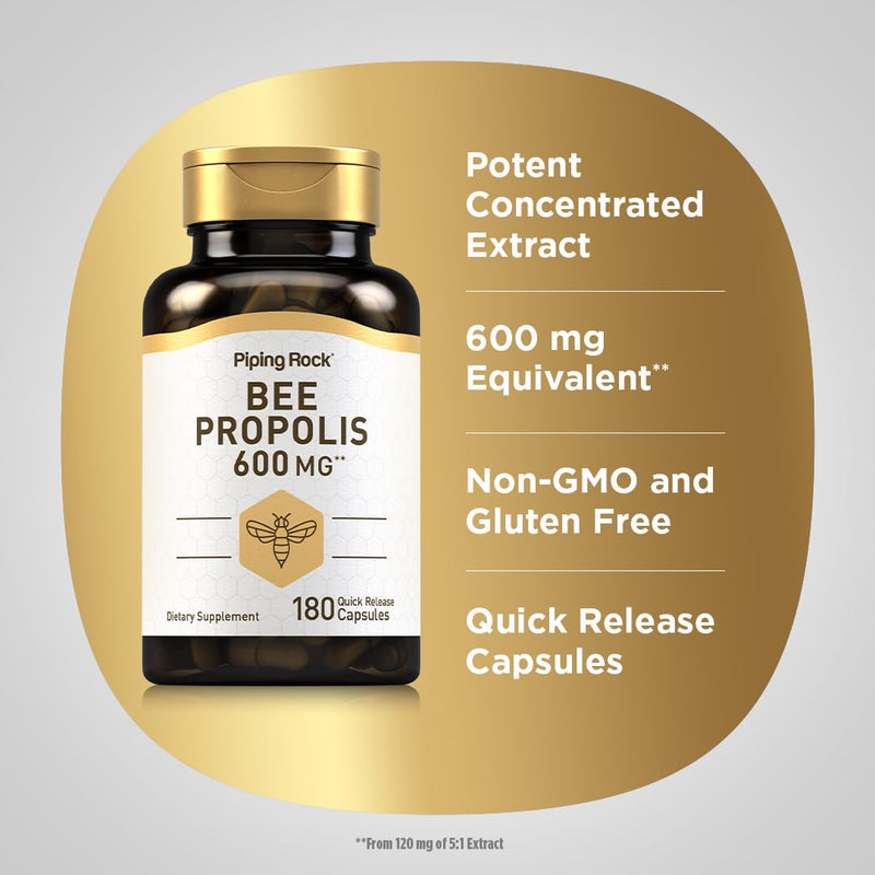 Piping Rock Bee Propolis Capsules 600mg | 180 Pills | Pack of 2 | Non-GMO