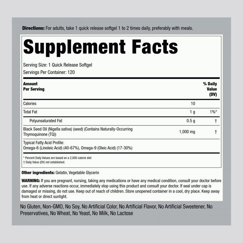 Piping Rock Black Seed Oil Softgel Capsules | 1000mg | 120 Pills | Cold Pressed Supplement | Nigella Sativa | Solvent Free, Non-GMO, Gluten Free