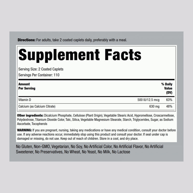 Piping Rock Calcium Citrate with Vitamin D3 - 630 mg, 220 Caplets (Pack of 2) | Vegetarian, Non-GMO, Gluten Free