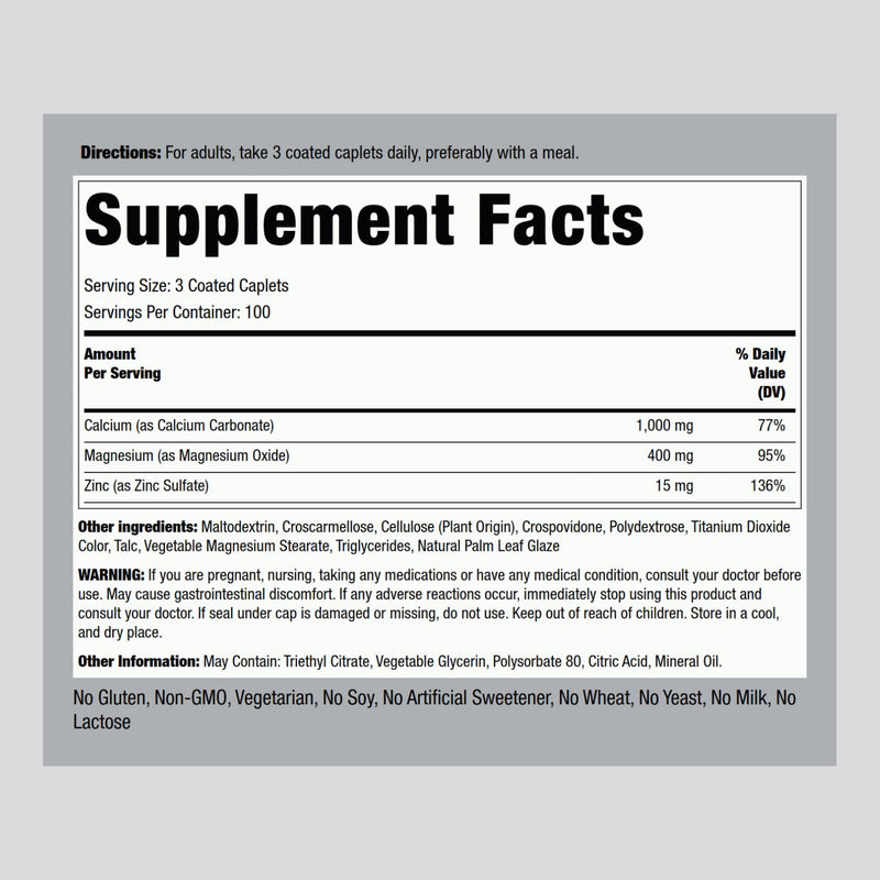 Piping Rock Calcium Magnesium Zinc Supplement – 300 Coated Caplets | Pack of 2 | Non-GMO, Gluten Free