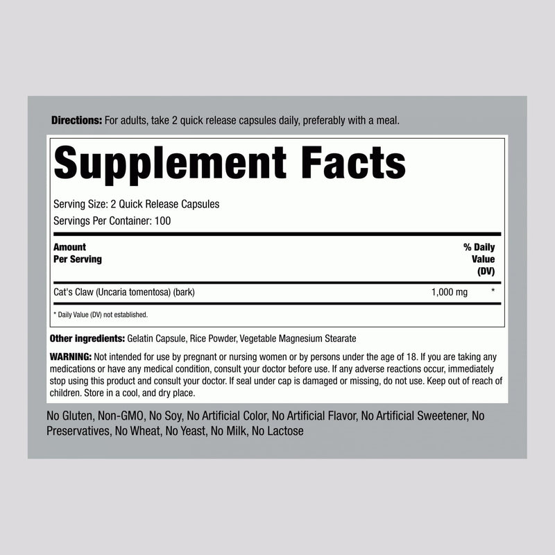 Cat's Claw 1000mg Herbal Supplement | 200 Capsules | Pack of 2 | Piping Rock