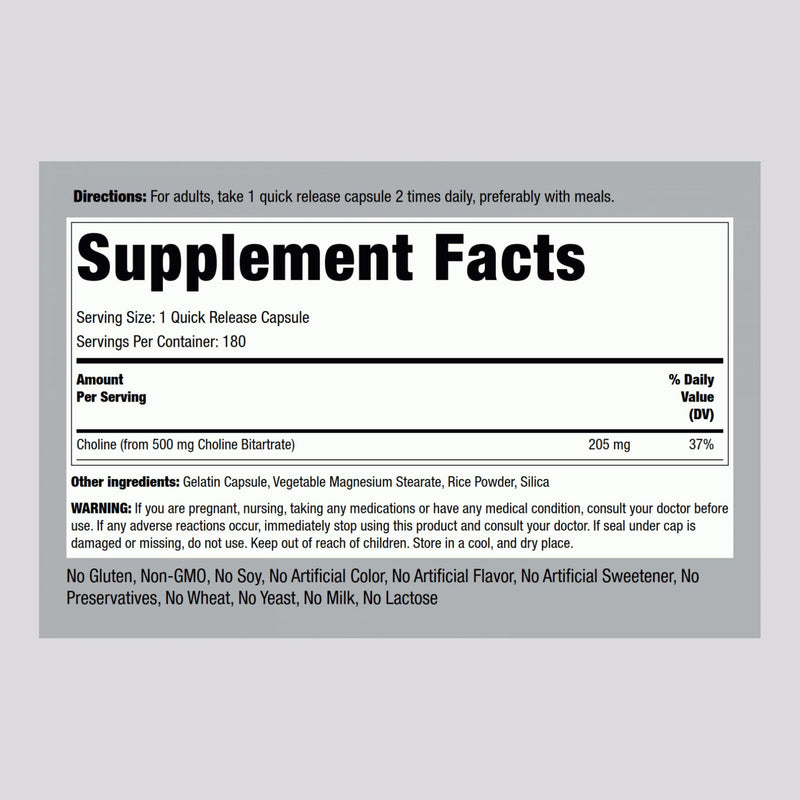Piping Rock Choline Bitartrate 500mg – 180 Caps – Pack of 2 – Non-GMO, Gluten Free