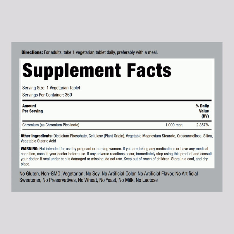 Piping Rock Chromium Picolinate 1000mcg – 360 Tablets | Vegetarian, Non-GMO, Gluten Free