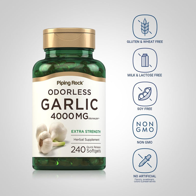 Piping Rock Odorless Garlic Softgels – 4000mg, 240 Count | Extra Strength | Non-GMO & Gluten Free