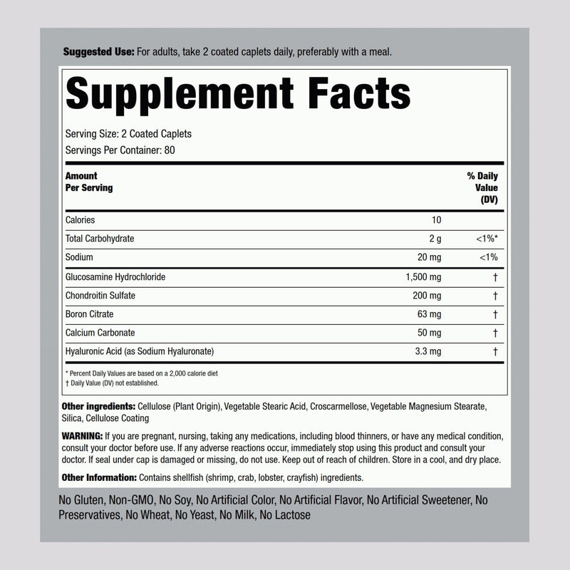 Piping Rock Glucosamine Chondroitin with Hyaluronic Acid – 160 Caplets (Pack of 2)