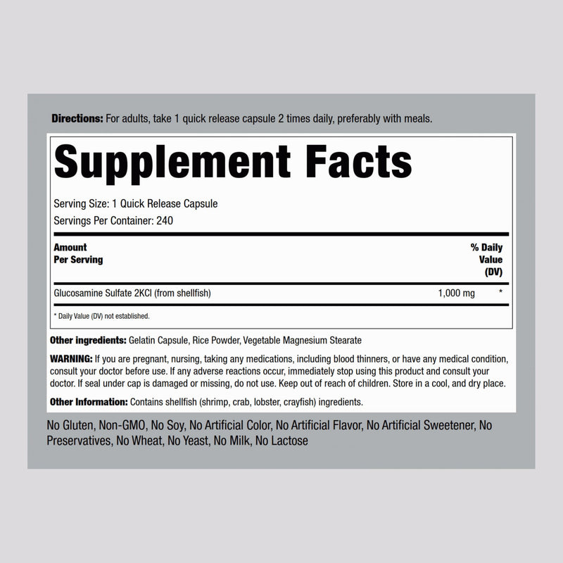 Piping Rock Glucosamine Sulfate 1000mg – 240 Capsules | Mega Strength Joint Support | Sodium Free, Non-GMO & Gluten Free