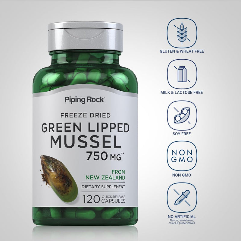 Piping Rock Green Lipped Mussel 750mg | 120 Capsules | NZ Freeze Dried | Non-GMO, Gluten Free (Pack of 2)