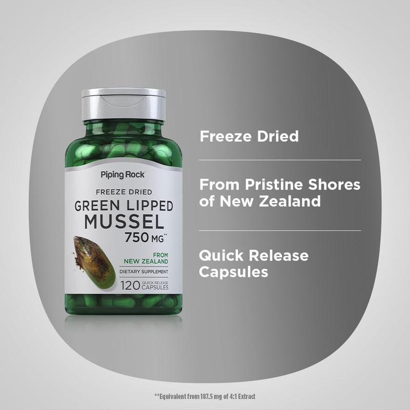 Piping Rock Green Lipped Mussel 750mg | 120 Capsules | NZ Freeze Dried | Non-GMO, Gluten Free (Pack of 2)