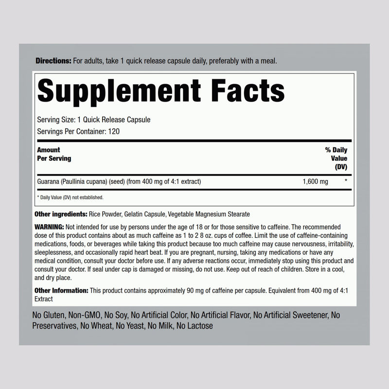 Piping Rock Guarana Capsules 1600 mg | 120 Count | Pack of 2 | Non-GMO Gluten Free